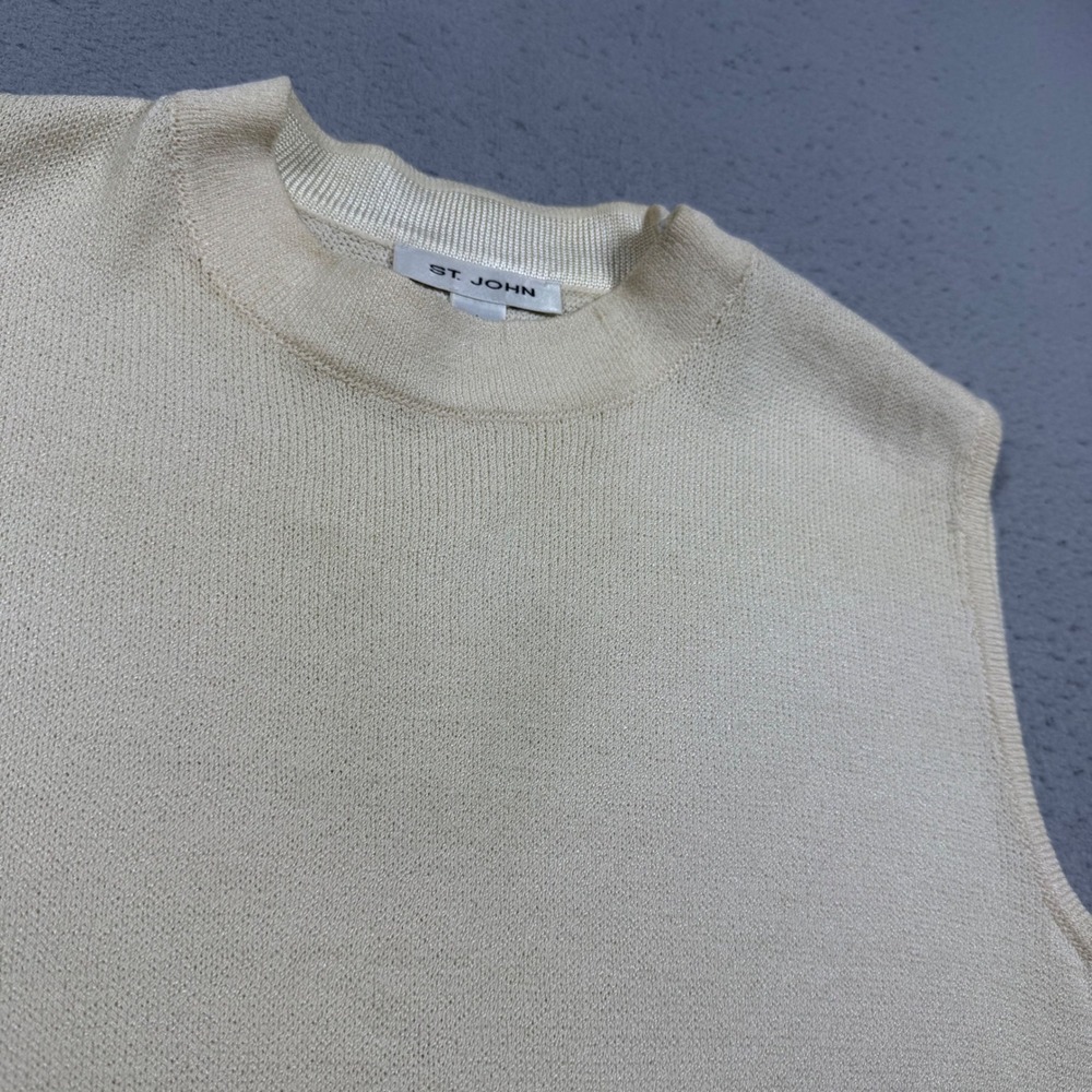 St John Cream Ivory Santana Knit Sleeveless Mock Neck Shell Top Womens Large